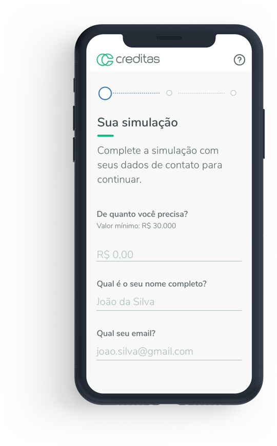 Smartphone com imagem da tela do formulário de simulação de empréstimo da Creditas.